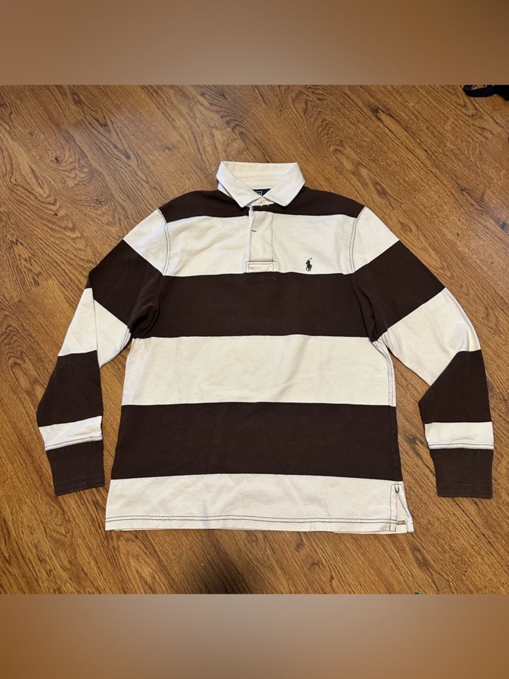 Polo by Ralph Lauren Brown and Cream Striped Rugby Polo custom fit medium - Picture 2 of 11